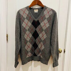 Vintage Men's Size Large Gray Lambswool Wool Angora Argyle V-Neck Pullover